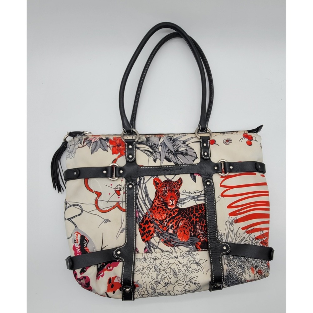 Salvatore Ferragamo Jaguar Print Nylon Leather Tote Bag Italy Shoulder Purse - Picture 1 of 16